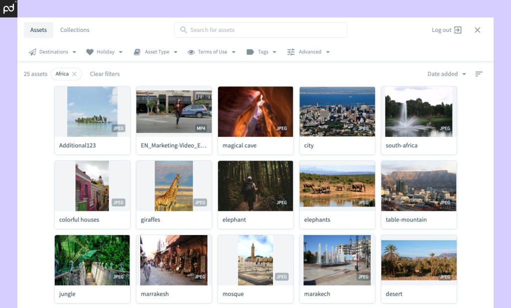 Bynder's interface, showcasing cityscape thumbnails, with features for sorting and advanced search visible.