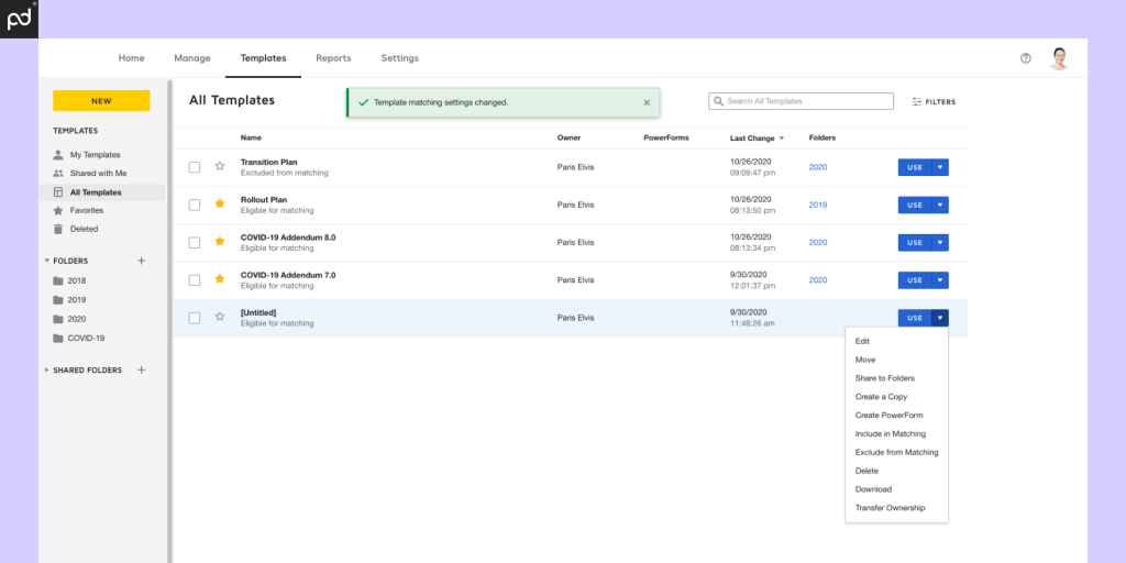 DocuSign eSignature interface displaying a list of templates for documents like NDAs and proposals, with options to edit, save, or apply settings.