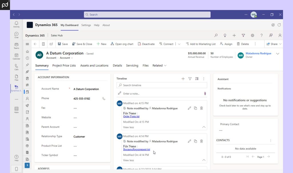 Microsoft Dynamics 365 showing the account management dashboard with tools for tracking customer interactions, managing contacts, and viewing project details.