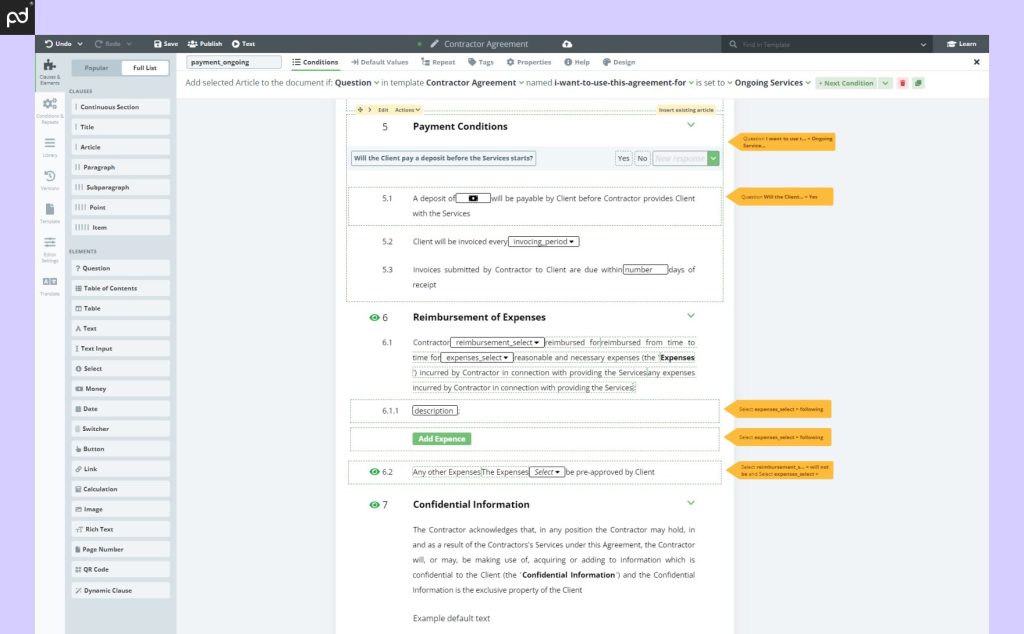 Legito's document design interface showing a legal contract with sections for payment, reimbursement, and confidential information.