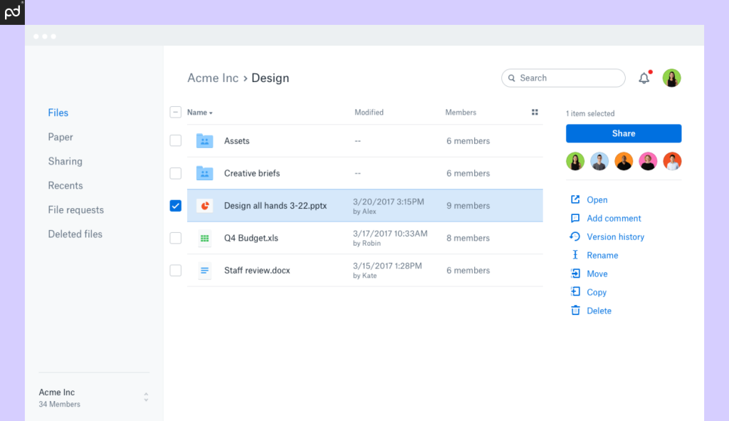 Dropbox’s file management interface displaying a list of files and options to create or upload new documents, folders, and team collaborations.