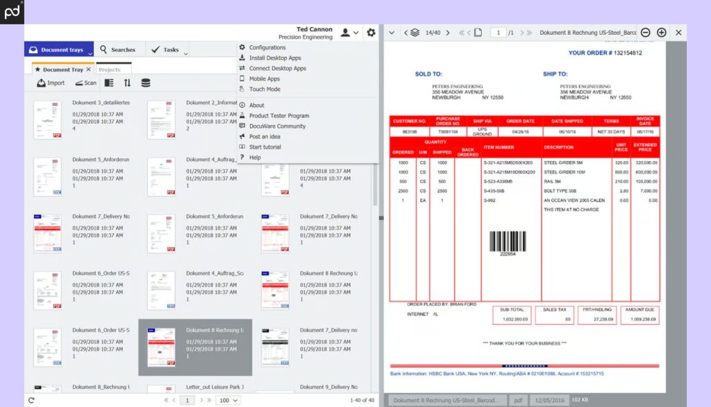 DocuWare’s interface showing a document list on the left and an invoice on the right, with features to import, handle, and store documents.