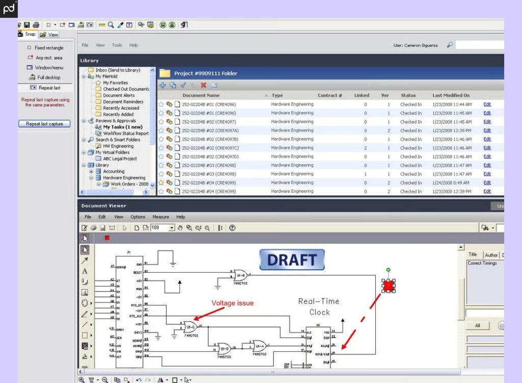 FileHold’s interface displaying a project folder with a list of project libraries at the top and an engineering draft at the bottom.
