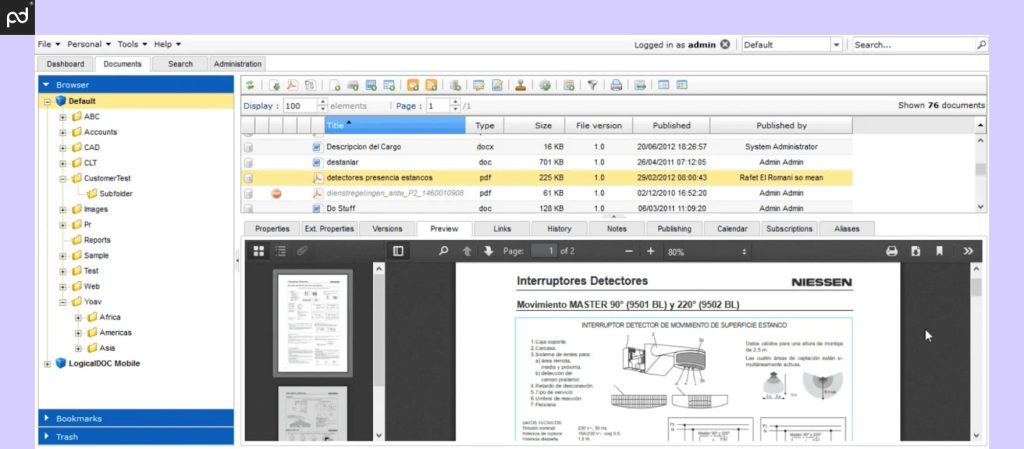 LogicalDOC’s interface with a folder view on the left and a document preview on the right.