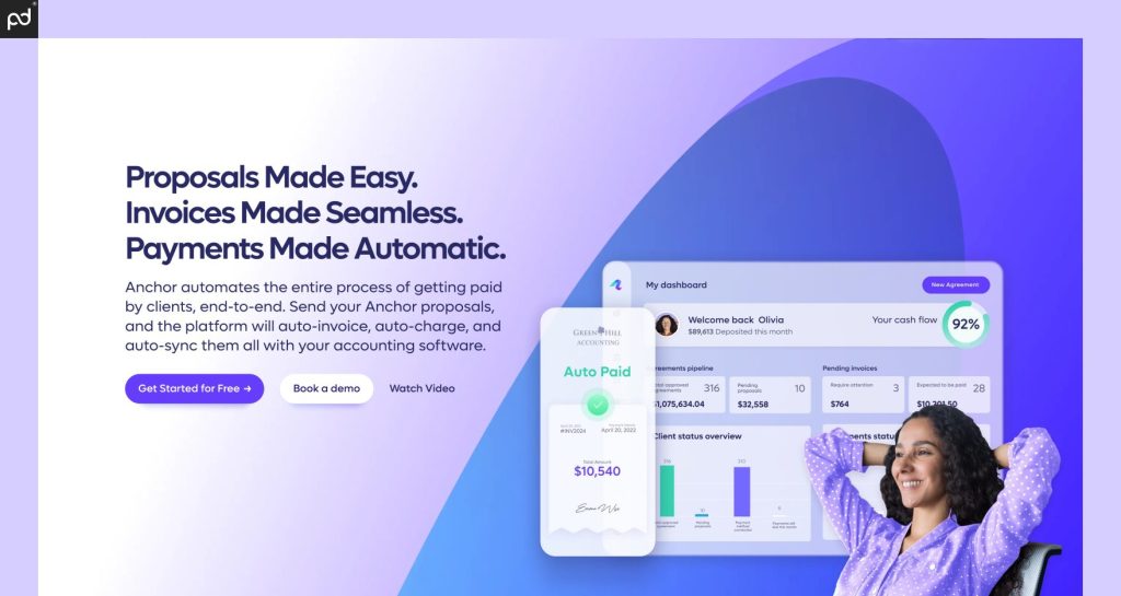 An image of the Anchor homepage. The page reads “Proposals made easy. Invoices made seamless. Payments made automatic.”