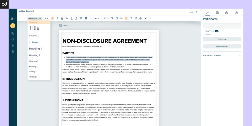 An image of the Oneflow document editor, featuring a standard non-disclosure agreement template. Editable text has been highlighted.