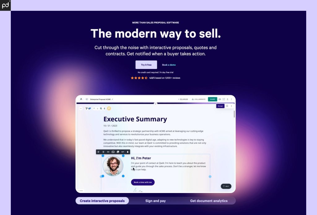 An image of the Qwilr homepage, featuring the words “the modern way to sell” above a demo of the drag-and-drop proposal builder.