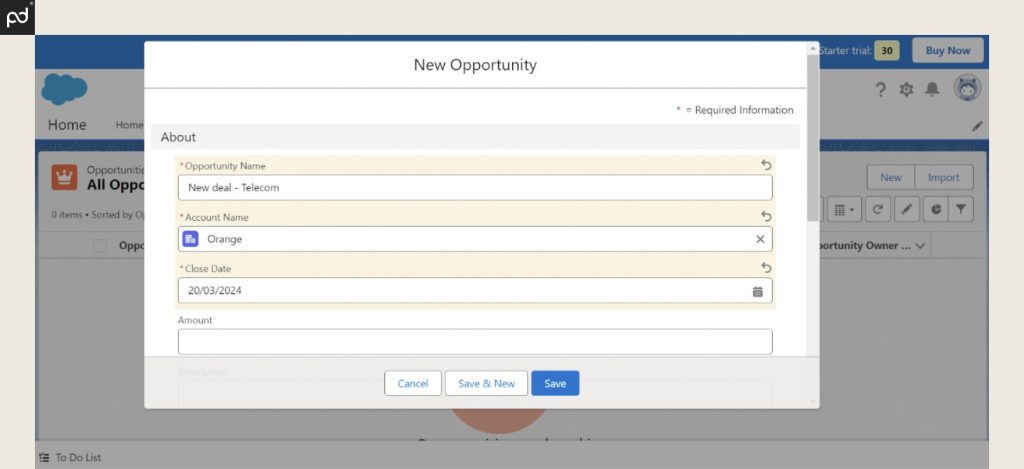 A screenshot of a New Opportunity window in Salesforce CPQ, with different fields showing to be filled out by the user.