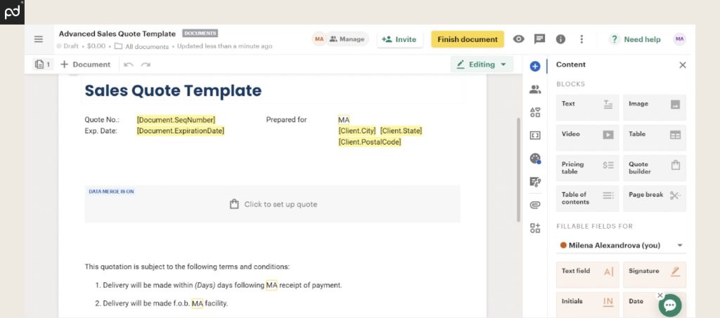 A screenshot of the PandaDoc editor where the user can create and customize a new sales quote from a sales quote template.