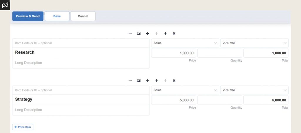 A screenshot of Quotient’s quote creation tool with fields such as item name, description, sales tax, price, and total costs.