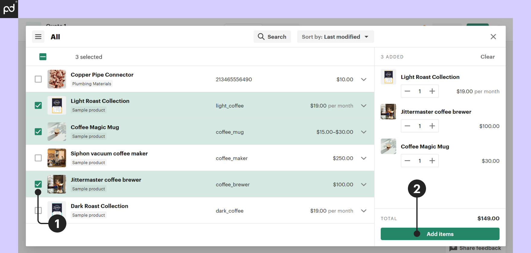 Carousel of images showing how to build a quote using the PandaDoc editor to pull items from the product catalog and populating a pricing table.