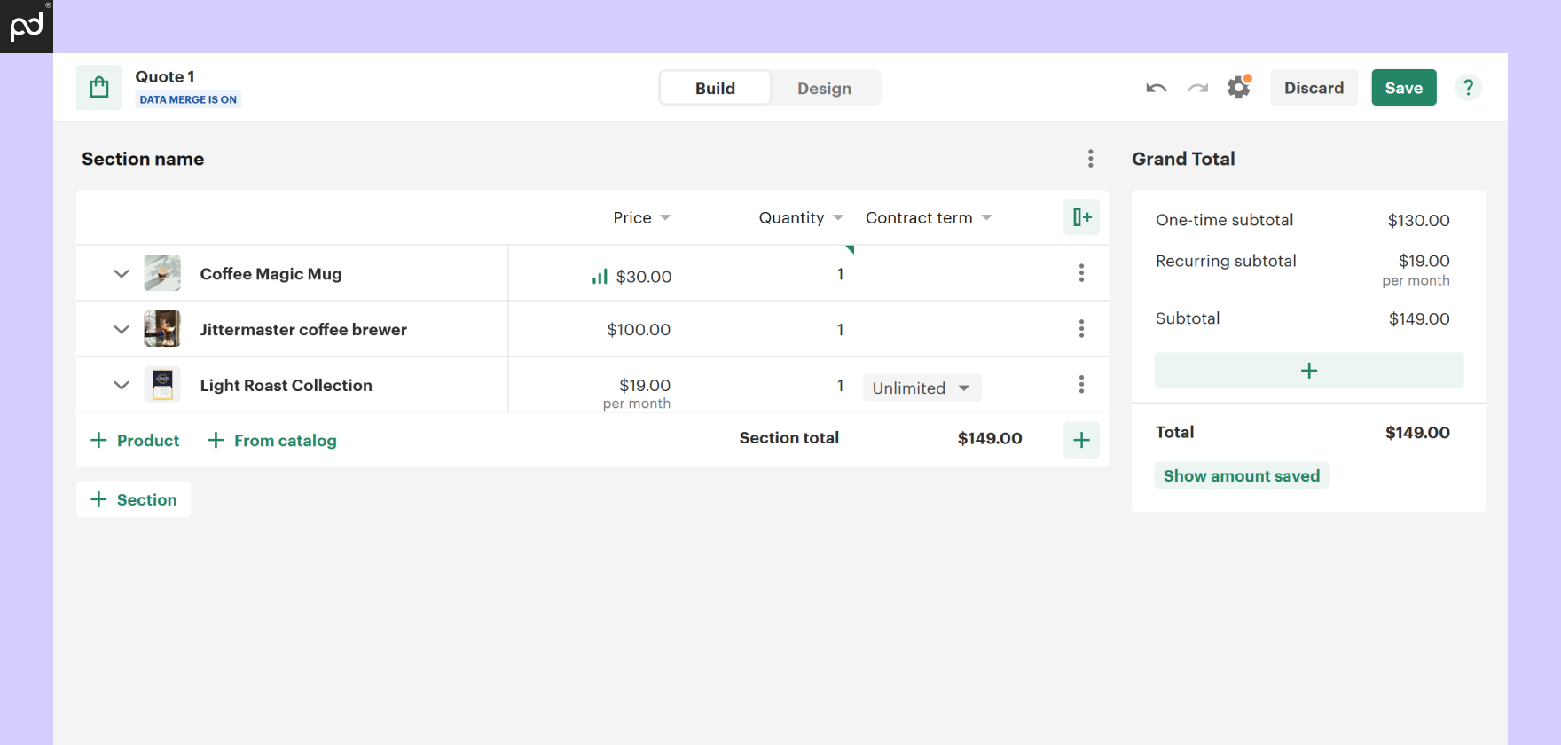 Carousel of images showing how to build a quote using the PandaDoc editor to pull items from the product catalog and populating a pricing table.