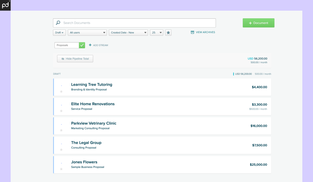 A view of the Proposify proposal dashboard, featuring a search tool with filters and a list of proposal drafts.