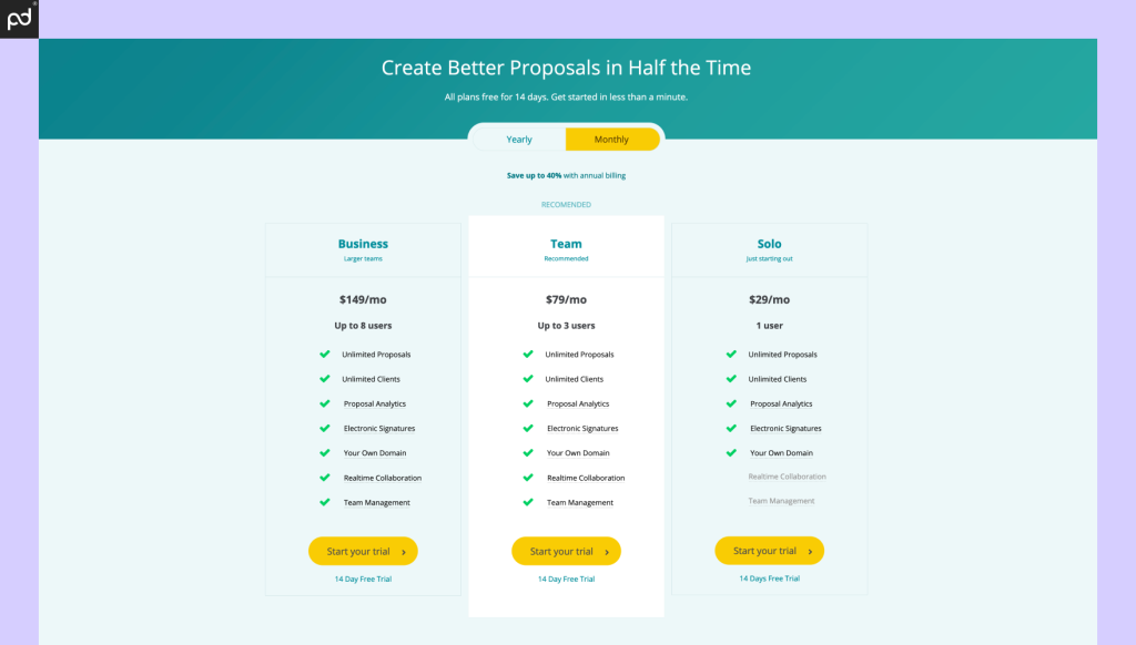 A screenshot of Bidsketch pricing, with plan ranging from $29/month to $149/month.