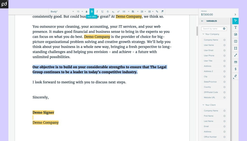 A screenshot of the Proposify document editor, featuring text editing tools and variable insertions.