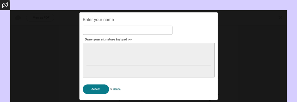 A screenshot of the Bidsketch e-signing process. A popup box with e-signing instructions prompts for a user to enter their name.