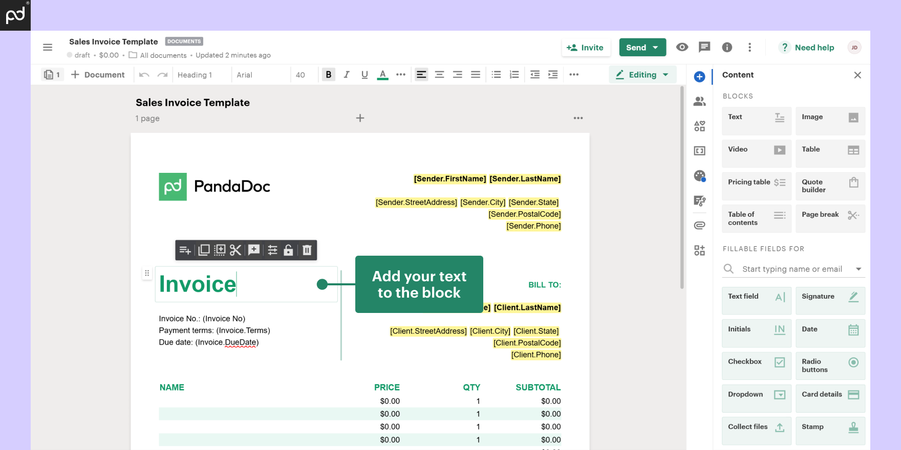 Screenshot of PandaDoc interface showing an editable sales invoice template with a purple arrow pointing to a text block.