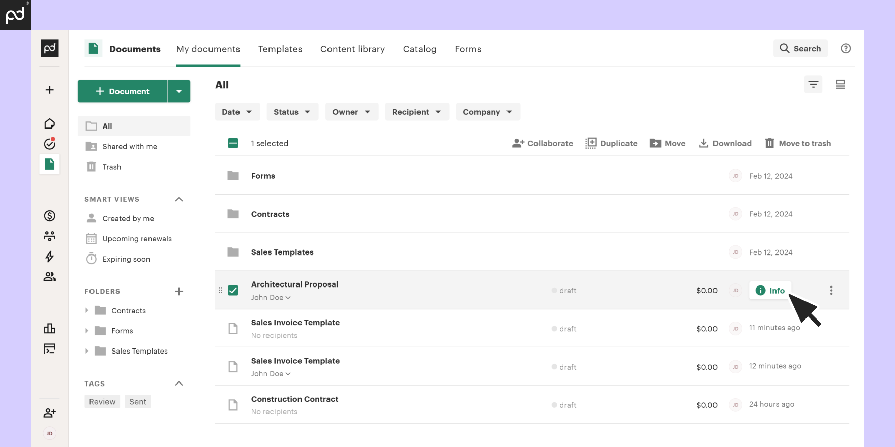 Screenshot of PandaDoc document storage list with a purple arrow pointing to the "Architectural Proposal" document.