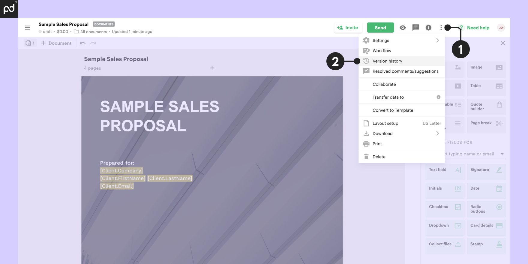 Screenshot of PandaDoc interface showing the version history menu of a sample sales proposal, highlighted by a purple arrow.