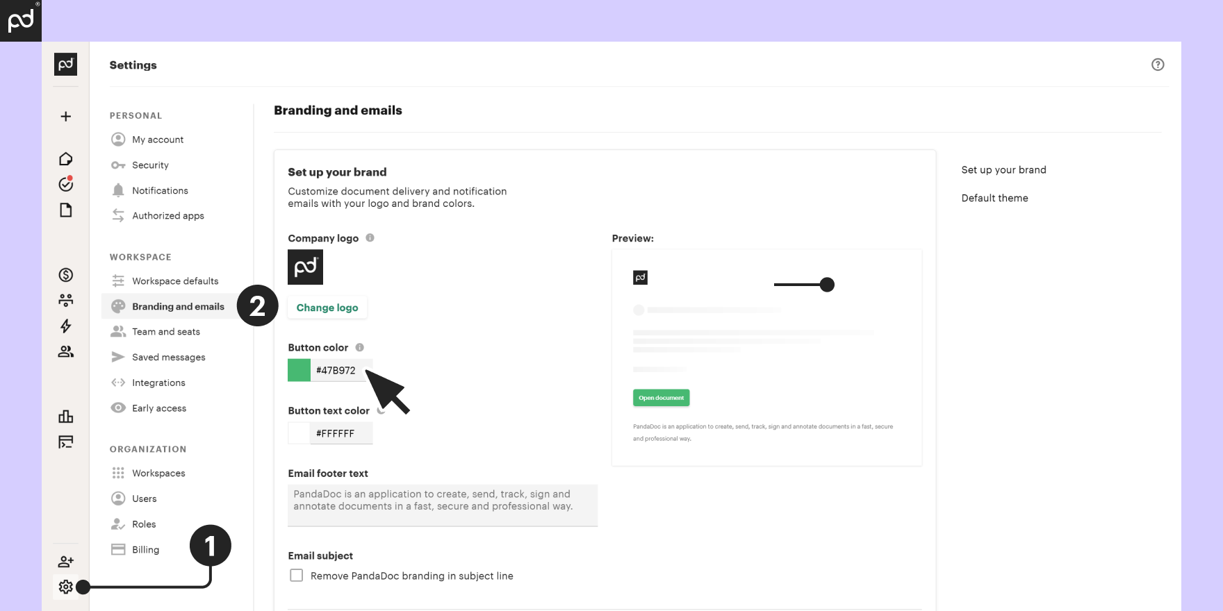 Screenshot of PandaDoc settings interface showing branding and email customization options with a purple arrow pointing to button color settings.