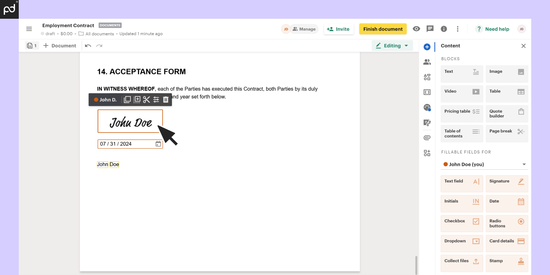 Screenshot of PandaDoc interface displaying an employment contract with an e-signature being added.