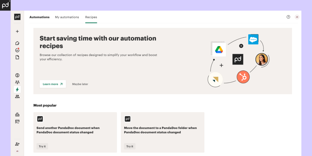 Screenshot of PandaDoc's automation recipes page featuring options to send documents or move them to folders based on status changes.