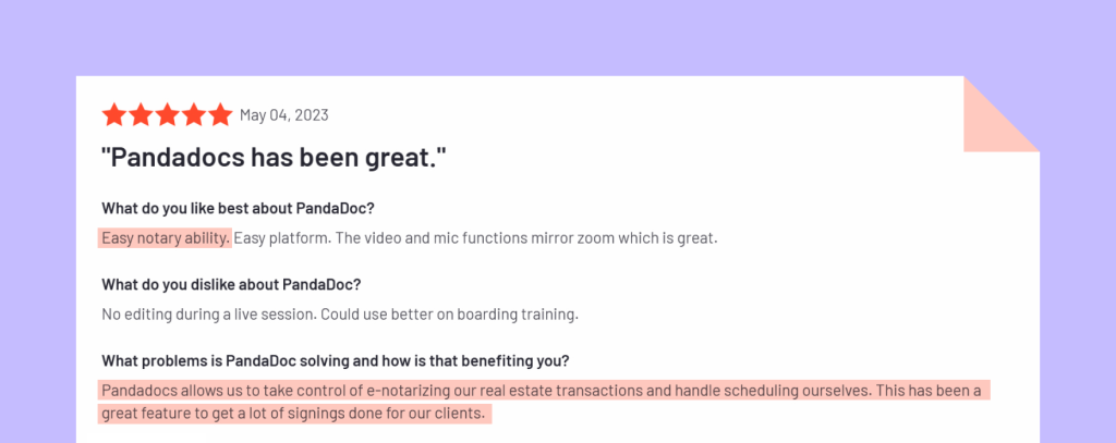 Client testimonial on PandaDoc