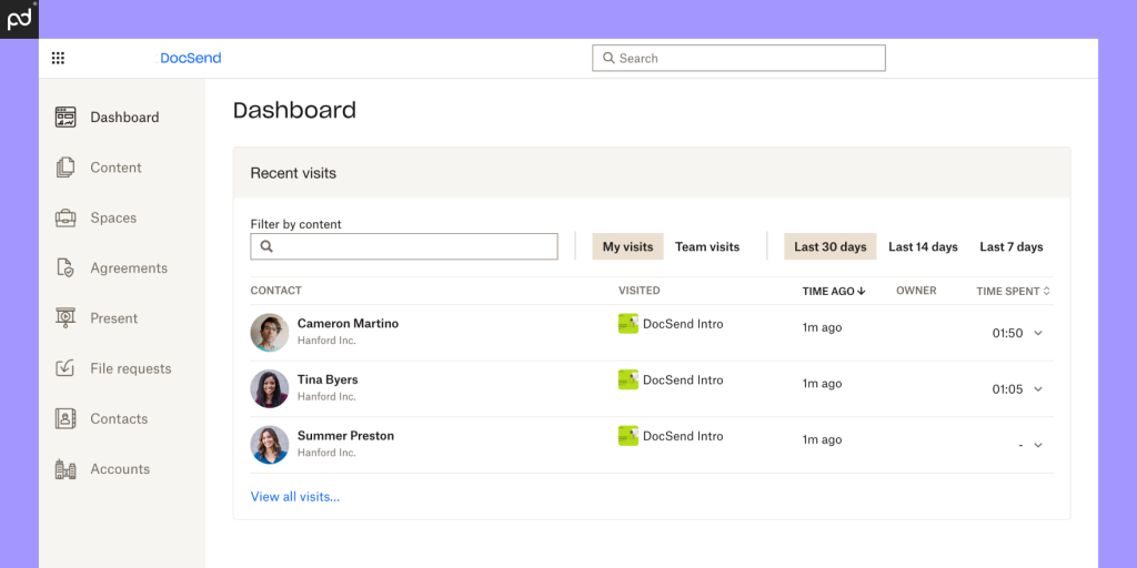 An image of the DocSend user interface and primary dashboard.