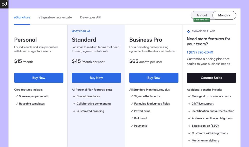 An image depicting the DocuSign pricing tiers. All plans and their respective monthly price points, including Personal ($15), Standard ($45), Business Pro ($65), and Enhanced Plans (custom pricing).