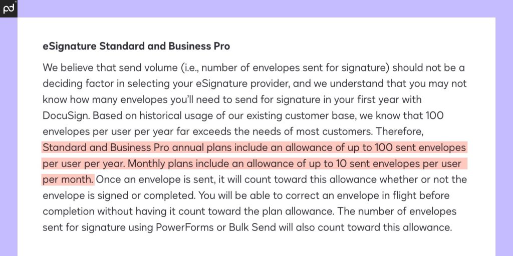 An image depicting the legalese surrounding DocuSign’s Standard and Pro plan usage limit. The highlighted text notes that Standard and Business Pro annual plans include an allowance of 100 sent envelopes per year while monthly plans only offer 10 sent envelopes per month.