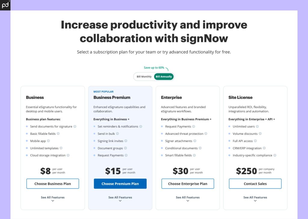 Signnow pricing page with plans