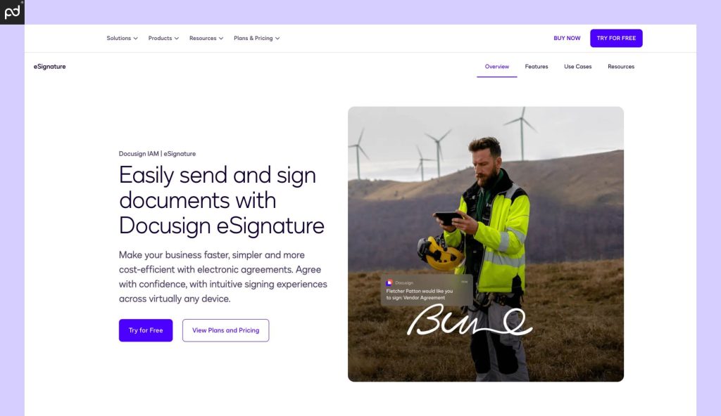 An image of the DocuSign e-signature landing page.