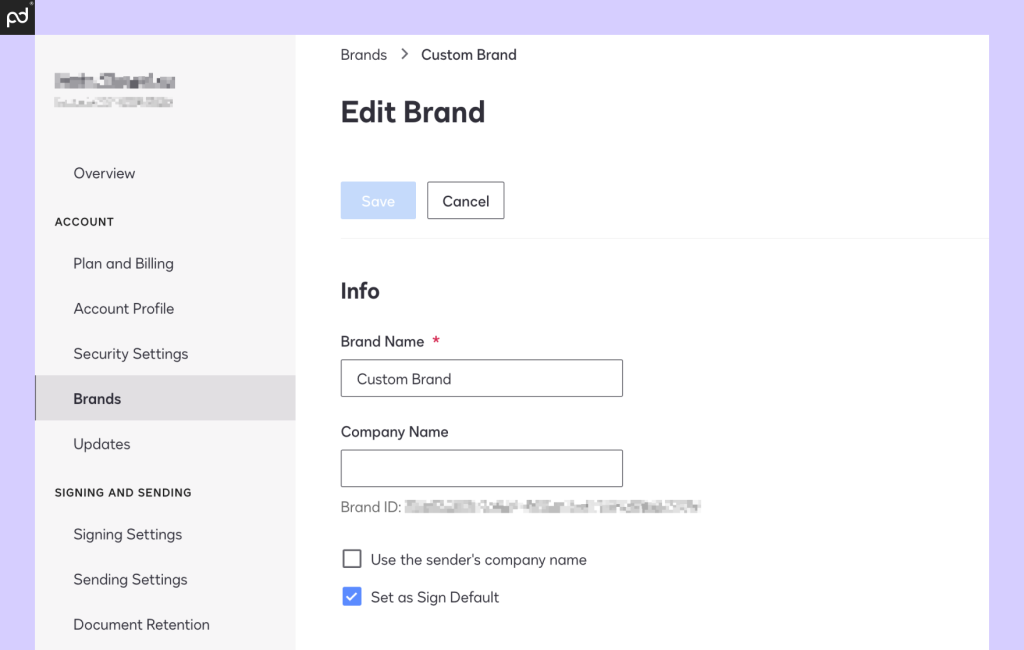 An image of the DocuSign “Brands” UI, featuring fields to edit the brand name and set a company name.