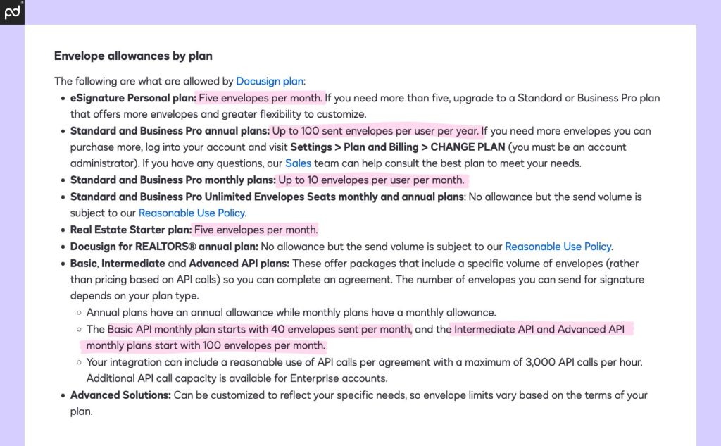 A screenshot of a DocuSign support page depicting the limitations for all DocuSign plans.