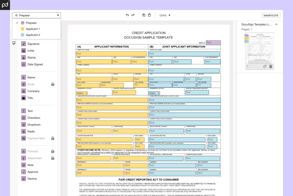 An image of a form prepared in DocuSign with half of the text fields highlighted in yellow and the other half highlighted in blue.