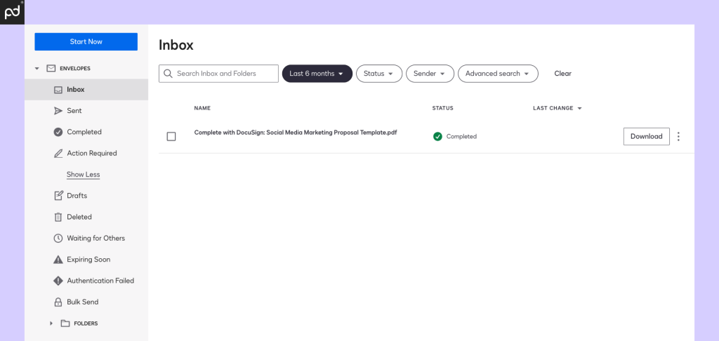 An image of the DocuSign inbox, where documents are labeled based on status.