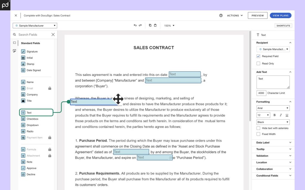 An image of the DocuSign document preparation process. Data fields are being actively dragged onto a PDF document. A red arrow indicates how a text box has been added to a static PDF.