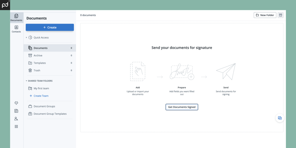 A screenshot of the signNow user homepage featuring a left sidebar for navigation and an open user workspace on the right.