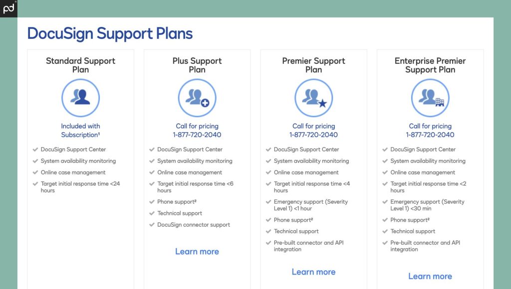 An image depicting all DocuSign support plan, including Standard, Plus, Premier, and Enterprise-level premium options.