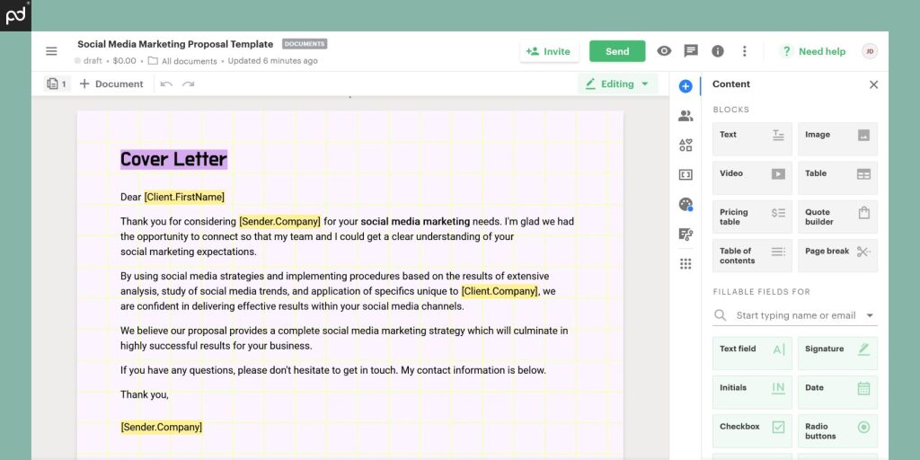 A view of the PandaDoc Document Builder user interface. The right sidebar features tools for text, pricing tables, video/image inserts, and more.