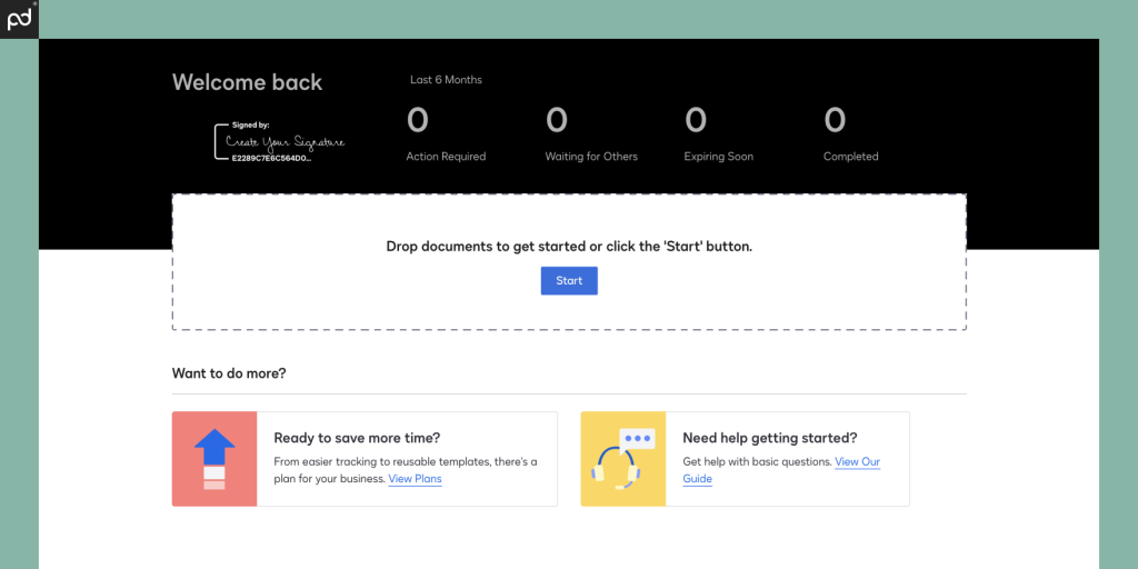 A screenshot of the DocuSign user homepage featuring a get-started area and a user dashboard.