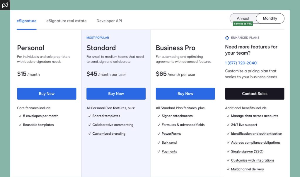 An image depicting all DocuSign pricing plans, their costs, and key plan features at each tier.