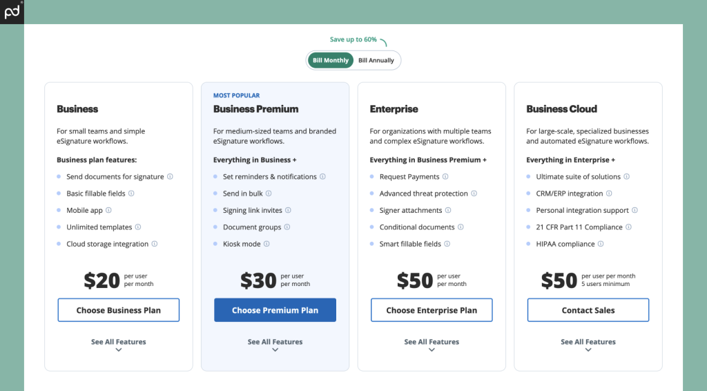 An image depicting all signNow pricing plans, their costs, and key plan features at each tier.