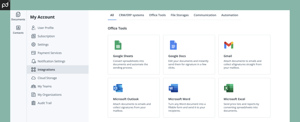 A screenshot of the signNow integration interface, featuring integration connectors for Google Sheets, Docs, Gmail and Microsoft Outlook, Word, and Excel.