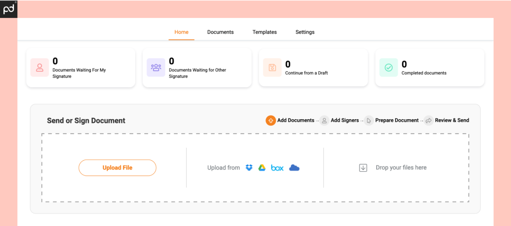 A screenshot of the Foxit eSign main dashboard, which features a quick upload and document navigation area.