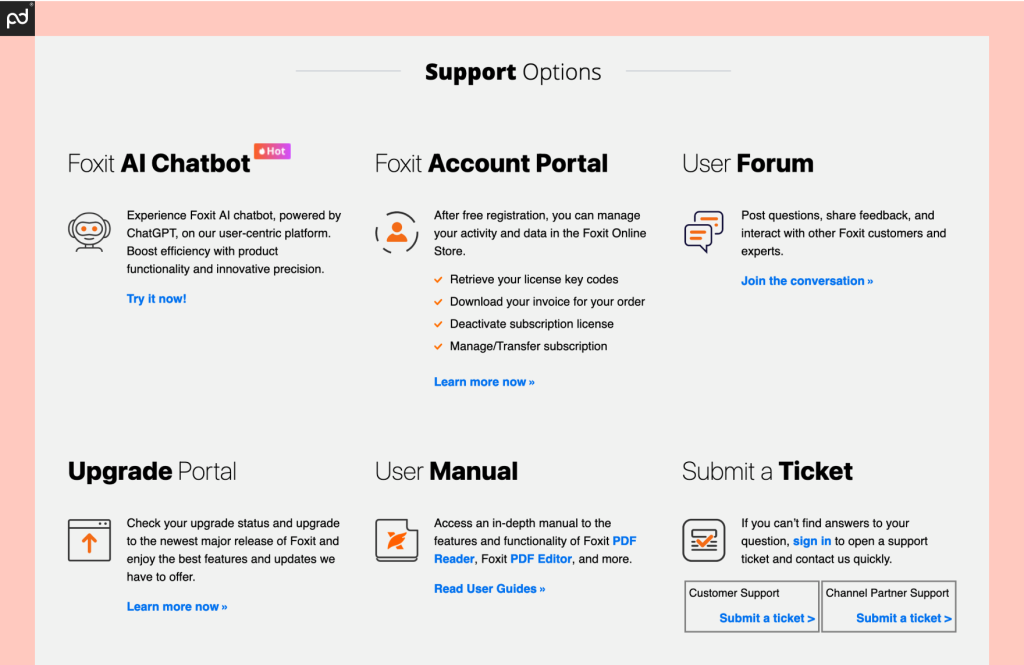 An image depicting all the support options for Foxit eSign, including AI chatbots, ticket submissions, forums, and more.