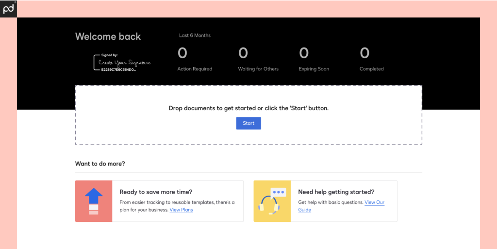 A screenshot of the DocuSign user homepage featuring a get-started area and a user dashboard.