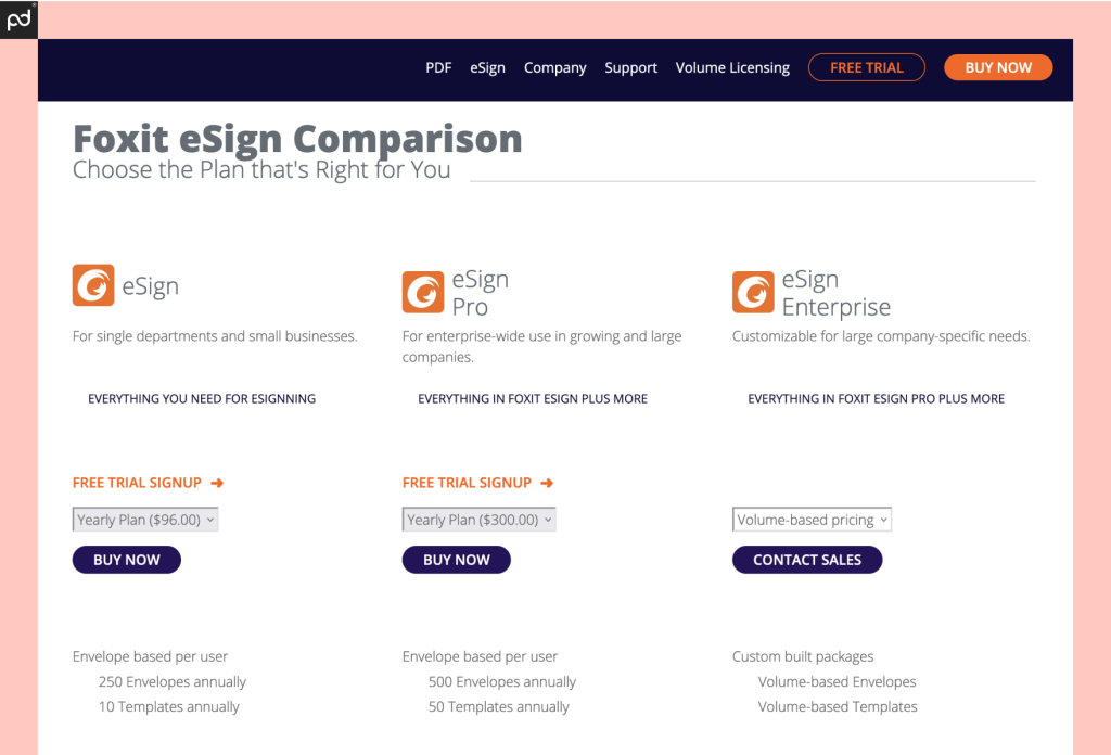 An image of Foxit eSign’s plan comparison page, which features three different plan options.
