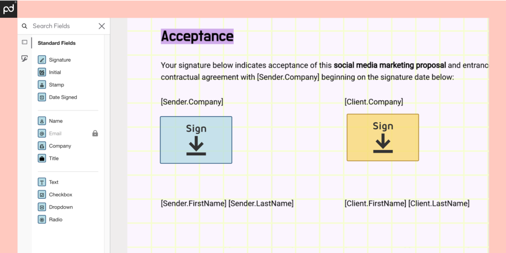 An image depicting a digital document prepared for e-signing. A blue signature box is on the left, while a yellow signature box (indicating a different signer) is on the right.