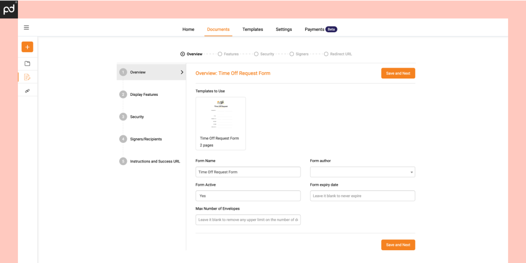 An image of Foxit eSign’s online form setup flow, which features setup fields regarding expiry, max envelope counts, and more.